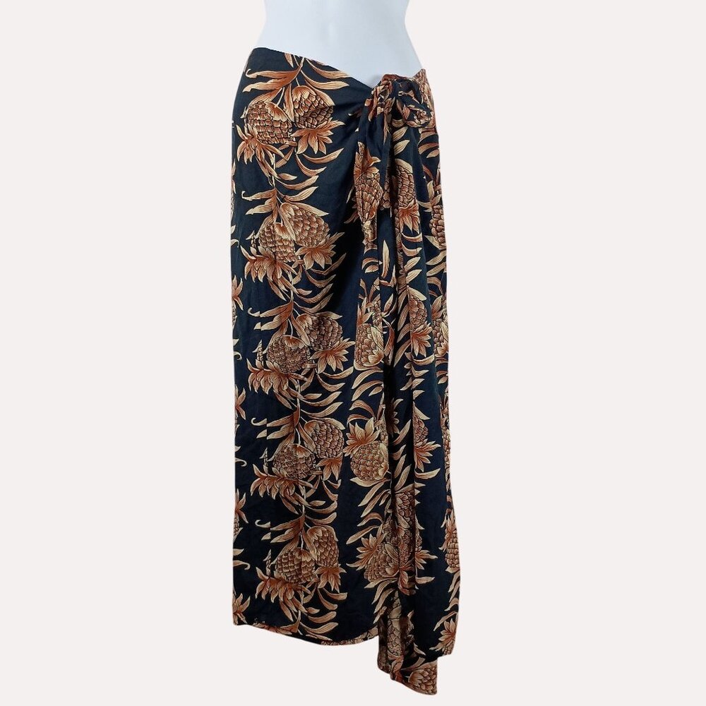 Wrap Skirt Sarong Womens M Black Maxi Tropical Pineapple Print Boho Coastal